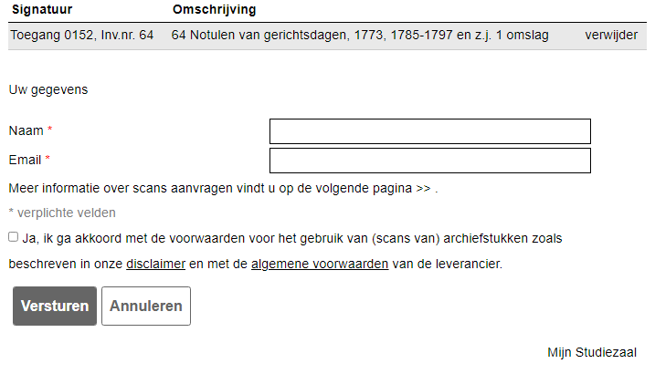 Screenshot van het verzoekscherm voor digitalisering waarop een aanvraag verstuurd kan worden