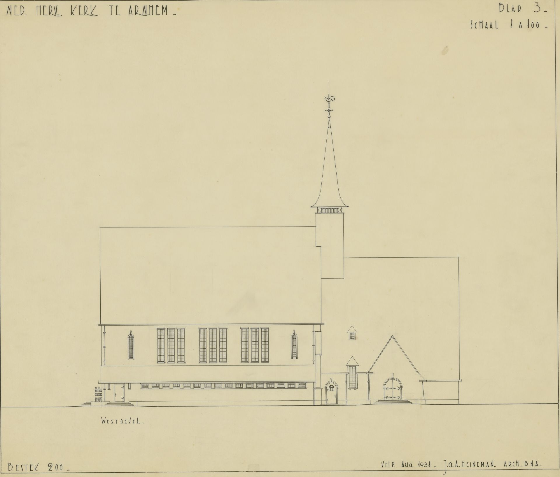 Bestektekening van de Nederland-hervormde kerk (Paasbergkerk) in Arnhem, 1931