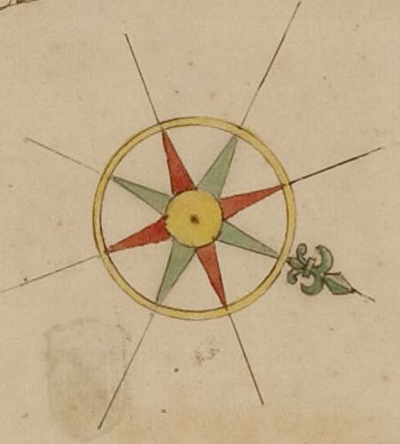 Een windroos, getekend in de 18e eeuw op een kaart waarop Groenlo voorkomt