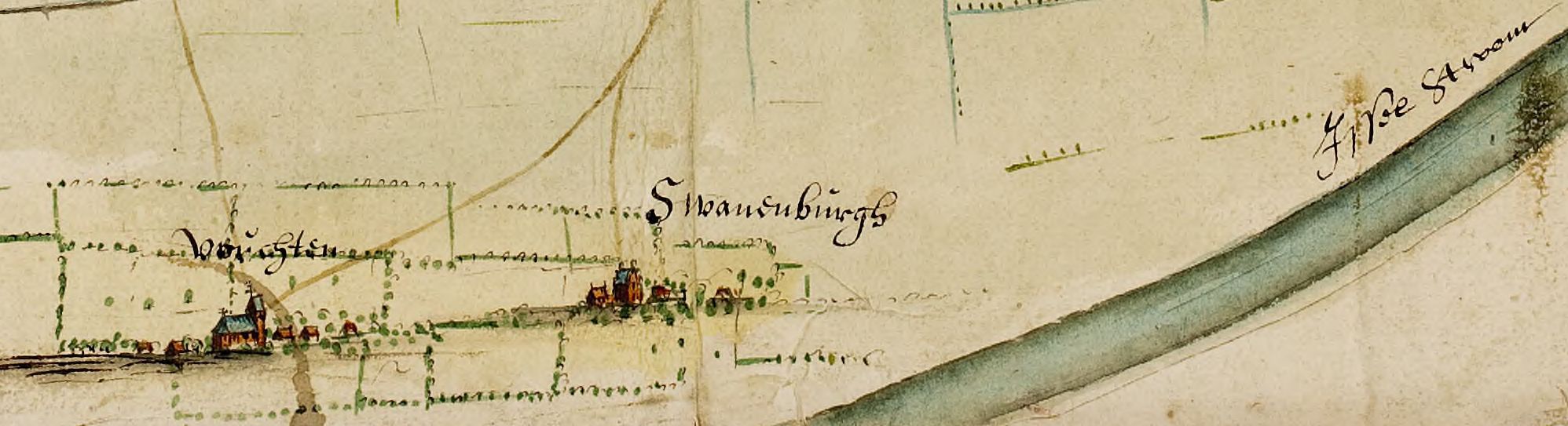 Detail van de 17e-eeuwse kaart van Van Geelkercken: Vorchten en kasteel Zwanenburg
