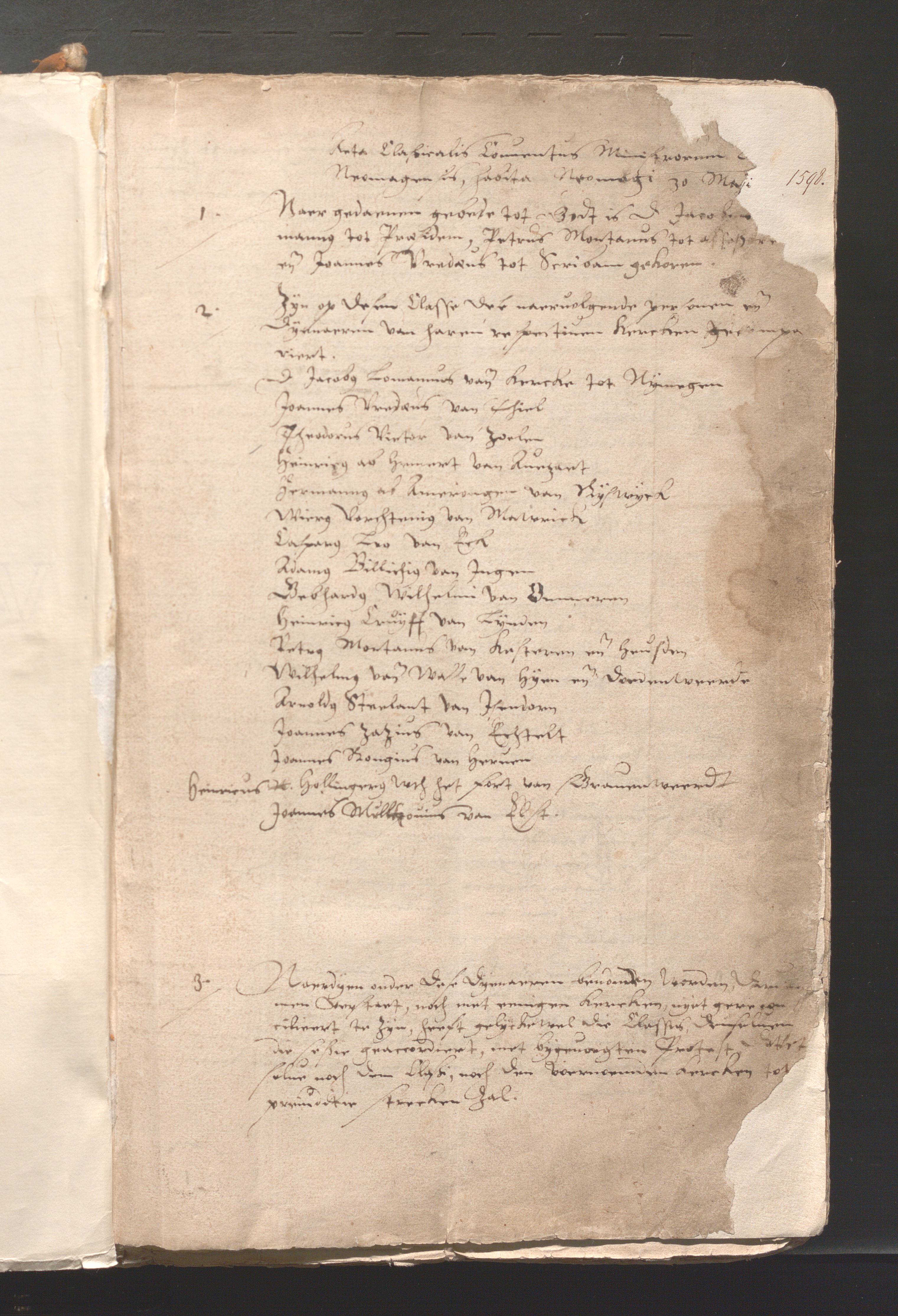 Een pagina uit de notulen van de Classis Nijmegen in 1598