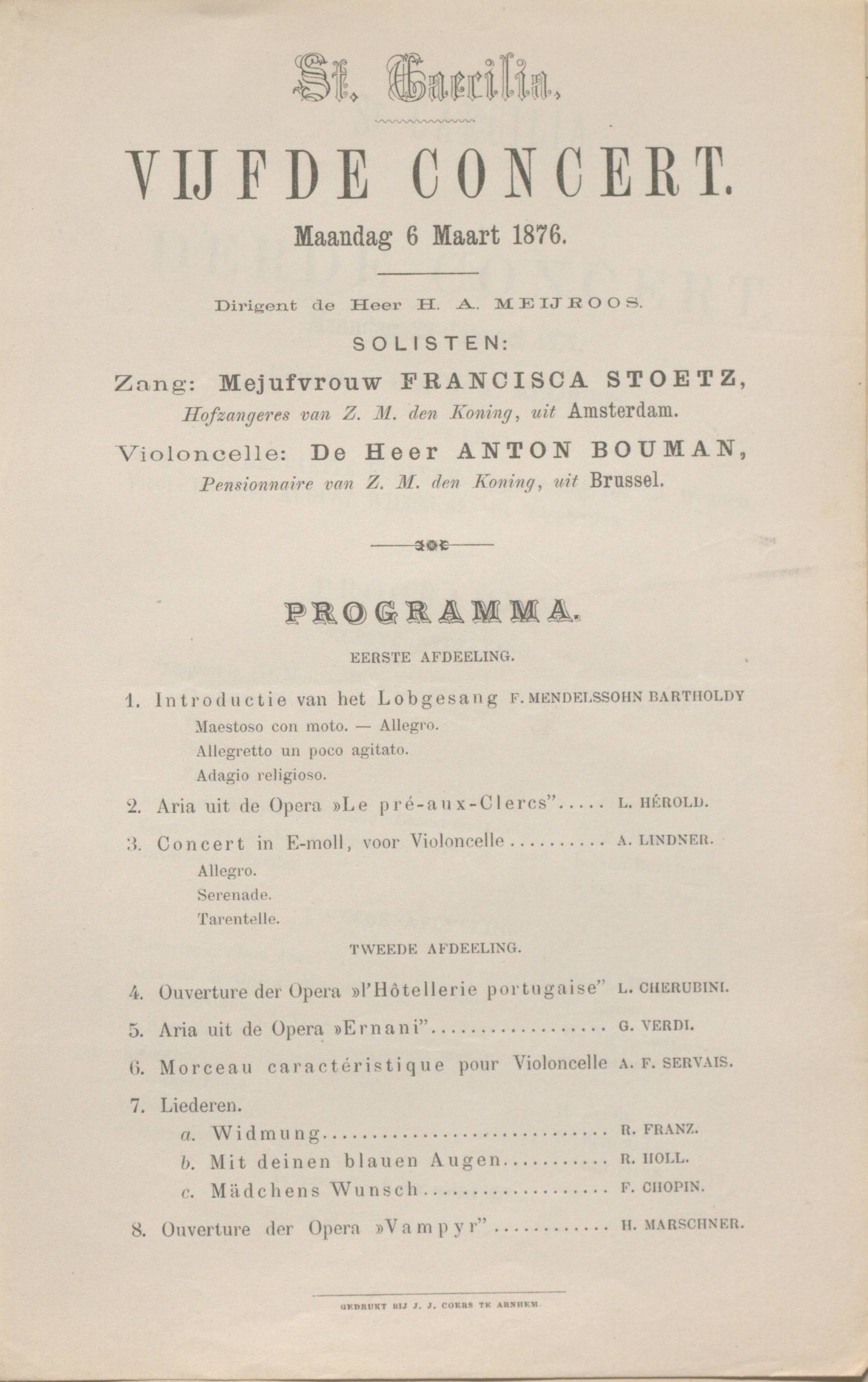 Onderdeel van een gedrukt programma van St. Caecilia uit 1876.