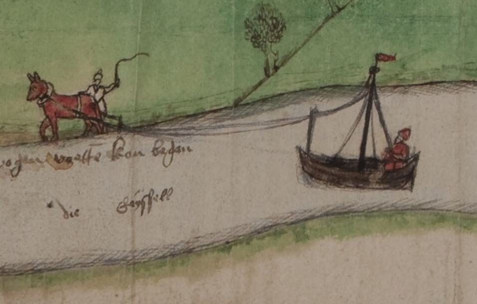Een trekschuit op de IJssel met jaagpad, 1775.