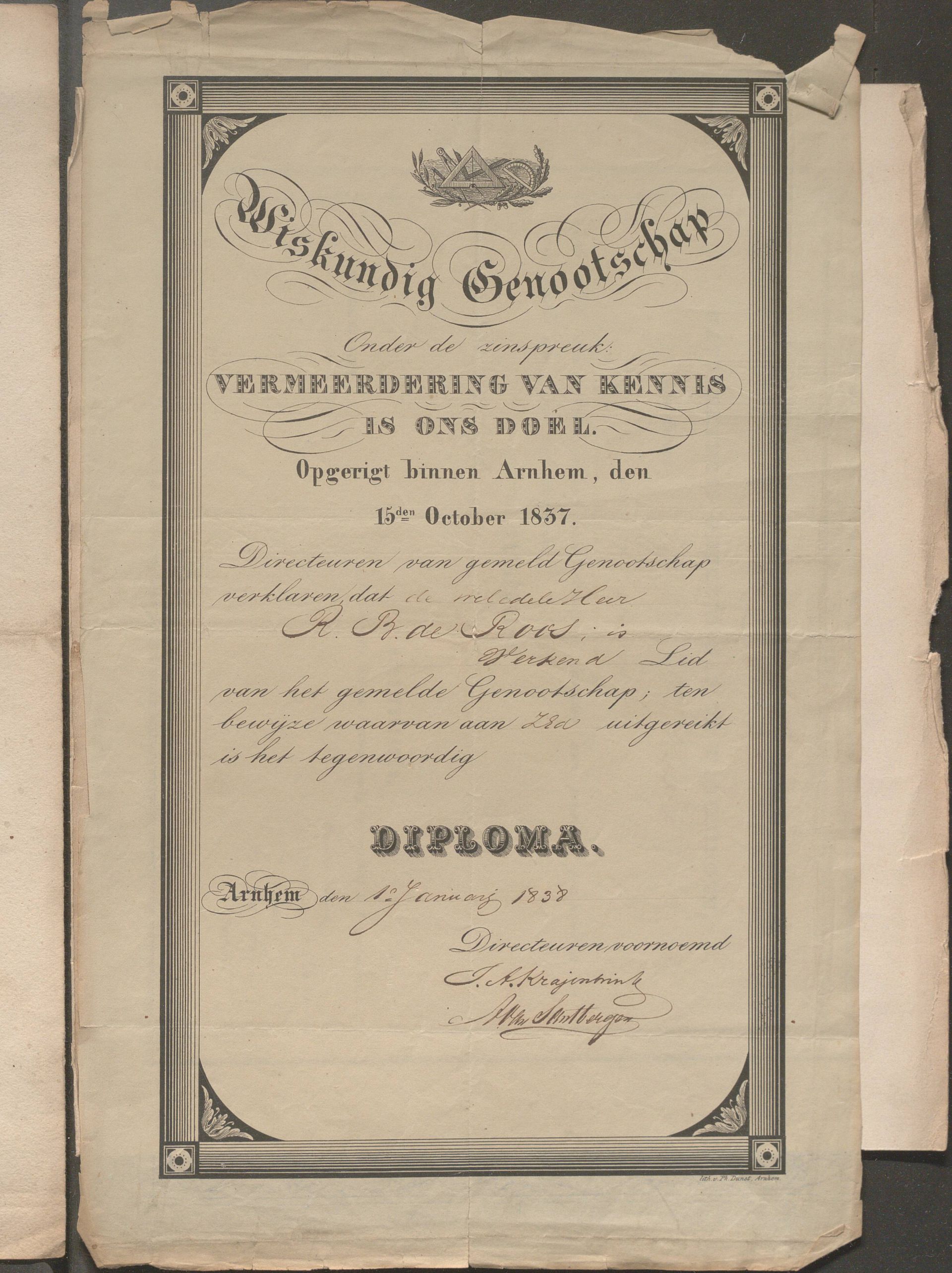 Lidmaatschapsdiploma van het Wiskundig Genootschap in Arnhem, 1838.