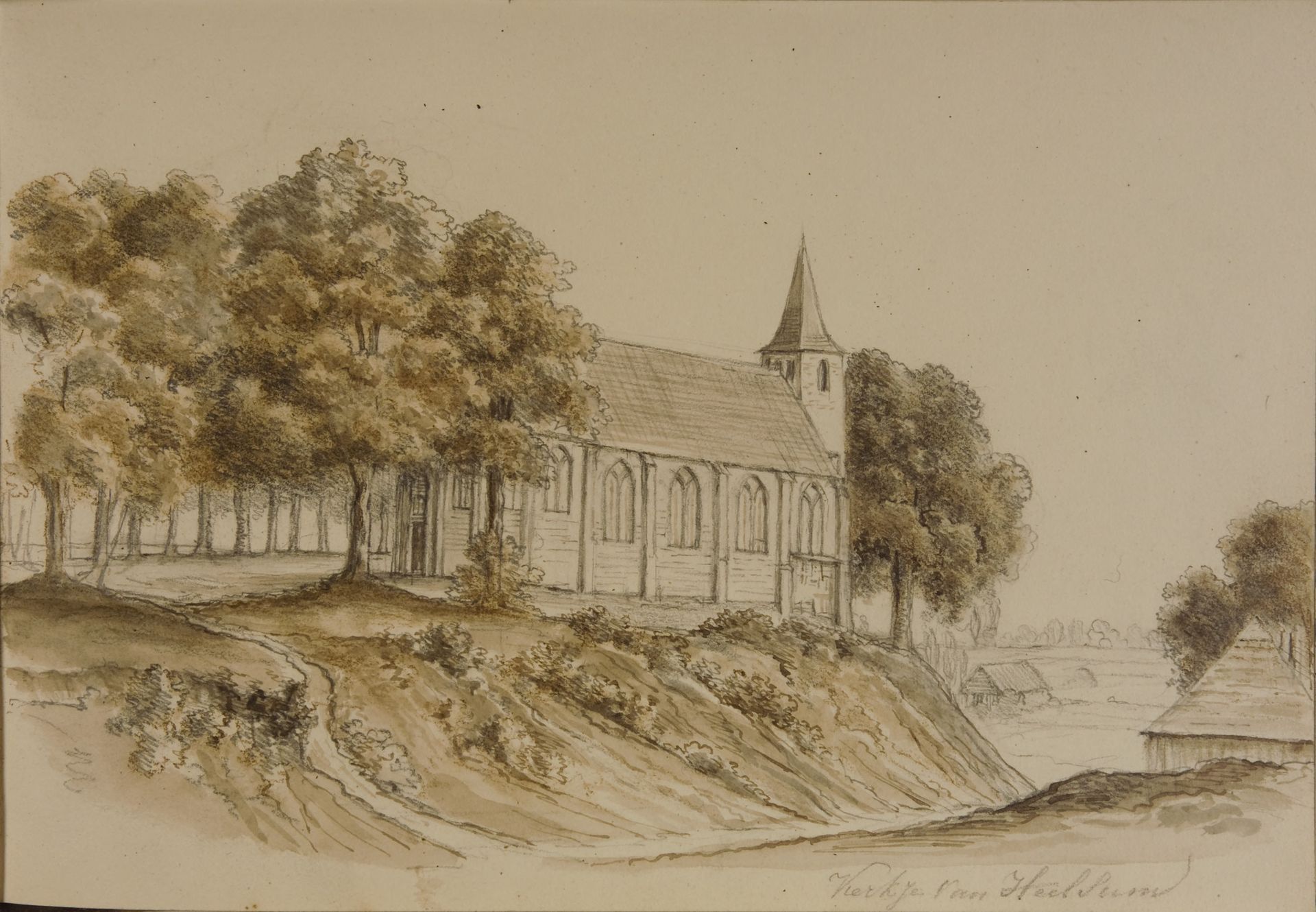 Tekening van het kerkje van Heelsum door Justine Christine Everts-van Meurs, 1846