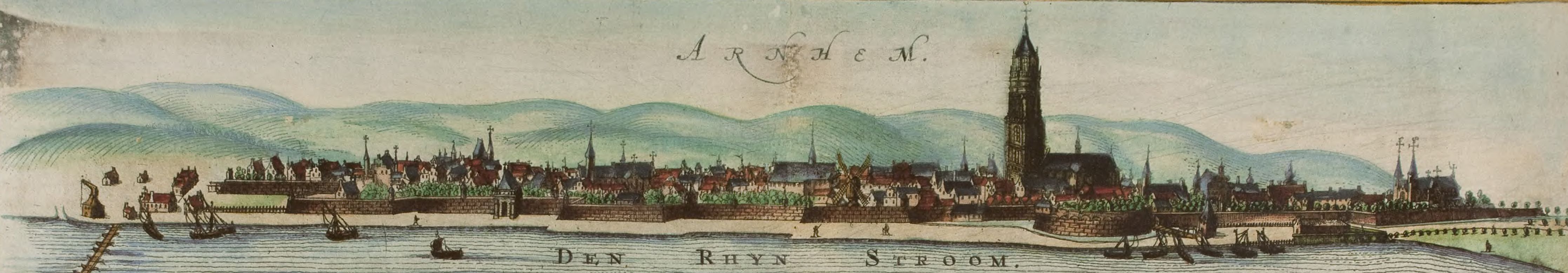 De profieltekening van Arnhem bovenaan de kaart van Van Geelkercken